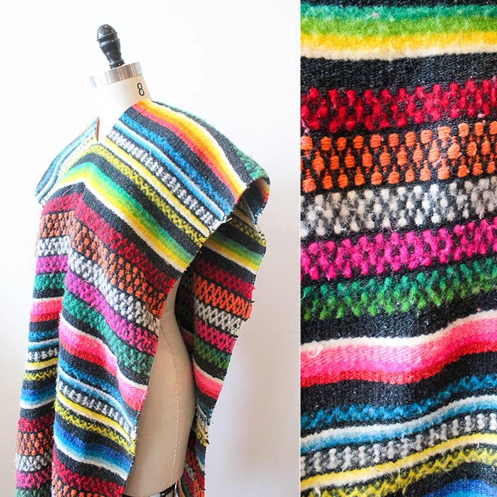 Vtg Mexican Wool Rainbow Poncho Serape Blanket